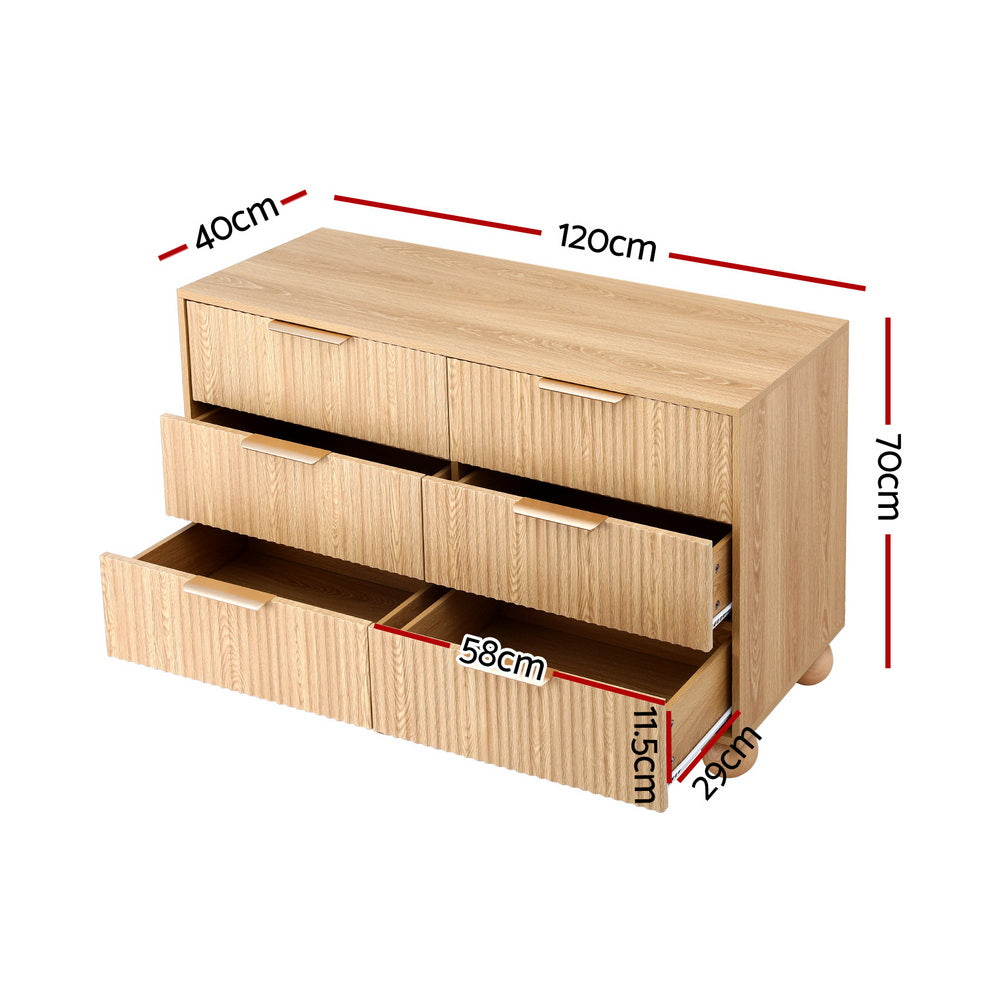 6 Chest of Drawers Dresser Tallboy Pine with six drawers and wooden handles, shown with drawer dimensions and open drawers
