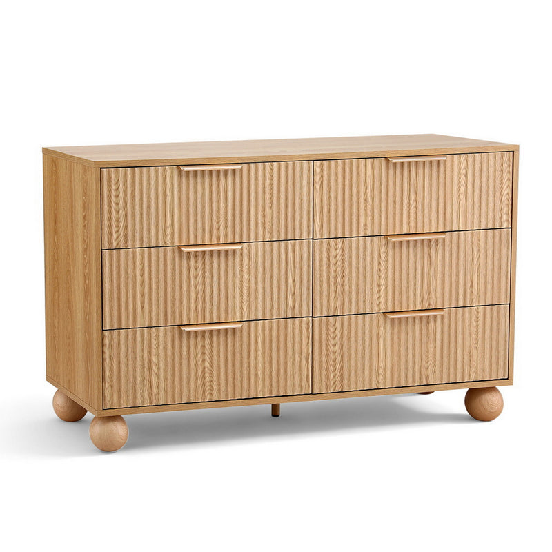 6 Chest of Drawers Dresser Tallboy Pine with fluted drawer fronts, sleek handles, and round wooden legs on white background