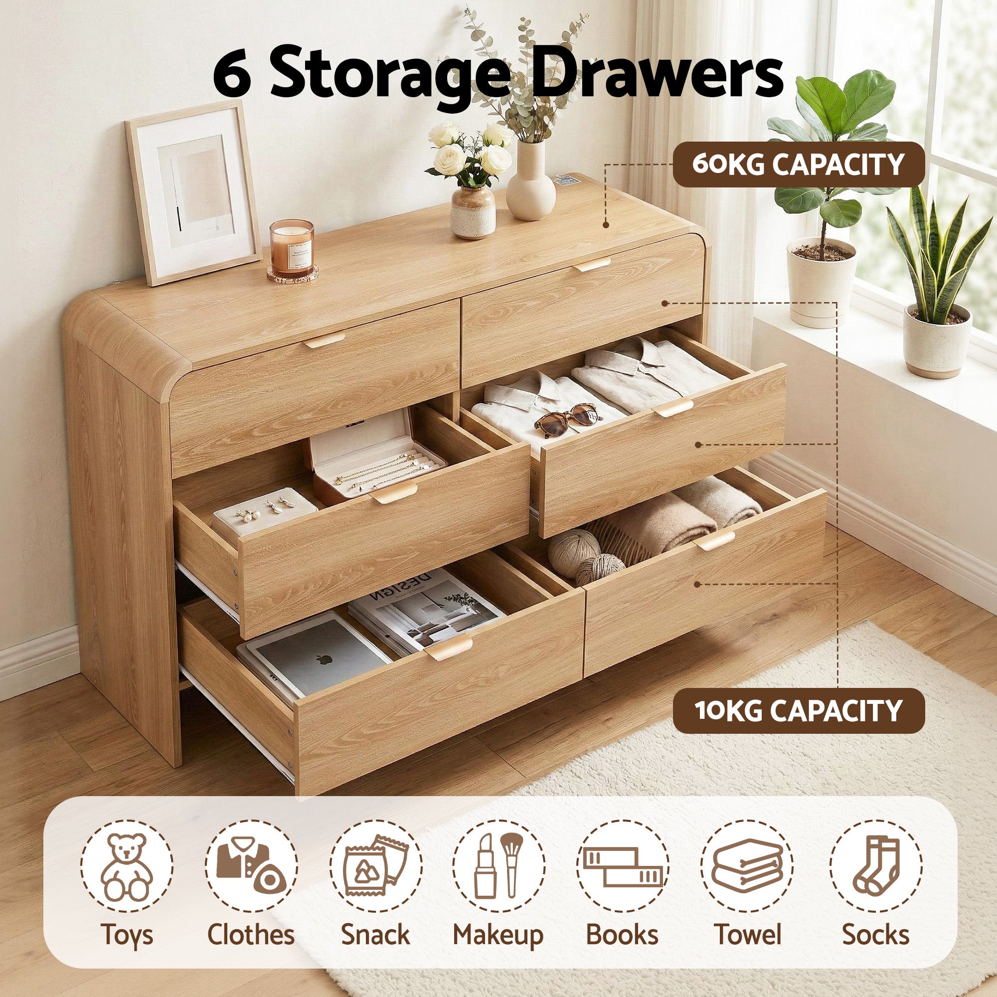 6 Drawer Chest of Drawers Dresser Cabinet - Pine
