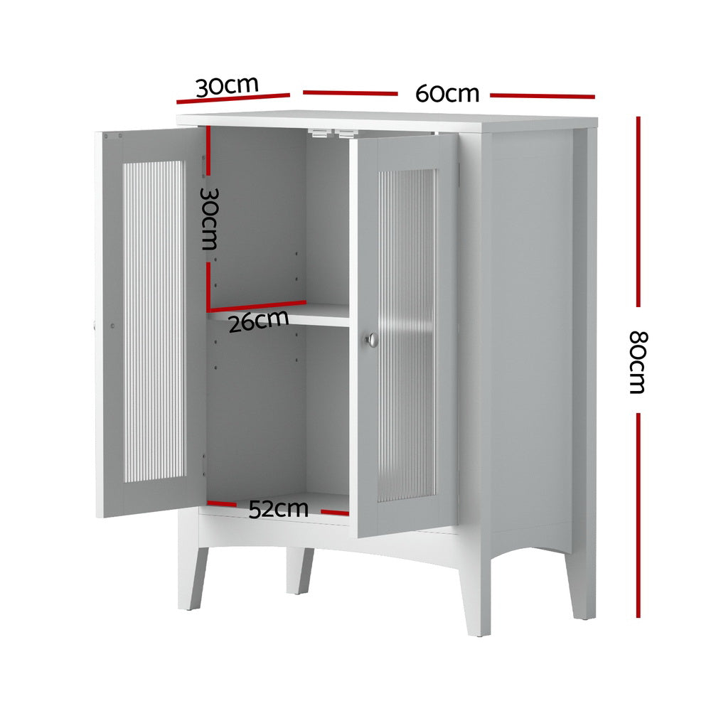 Bathroom Storage Cabinet 80cm Buffet Sideboard Floor Cupboard Toilet Glass White with double doors and internal shelving shown with dimensions.