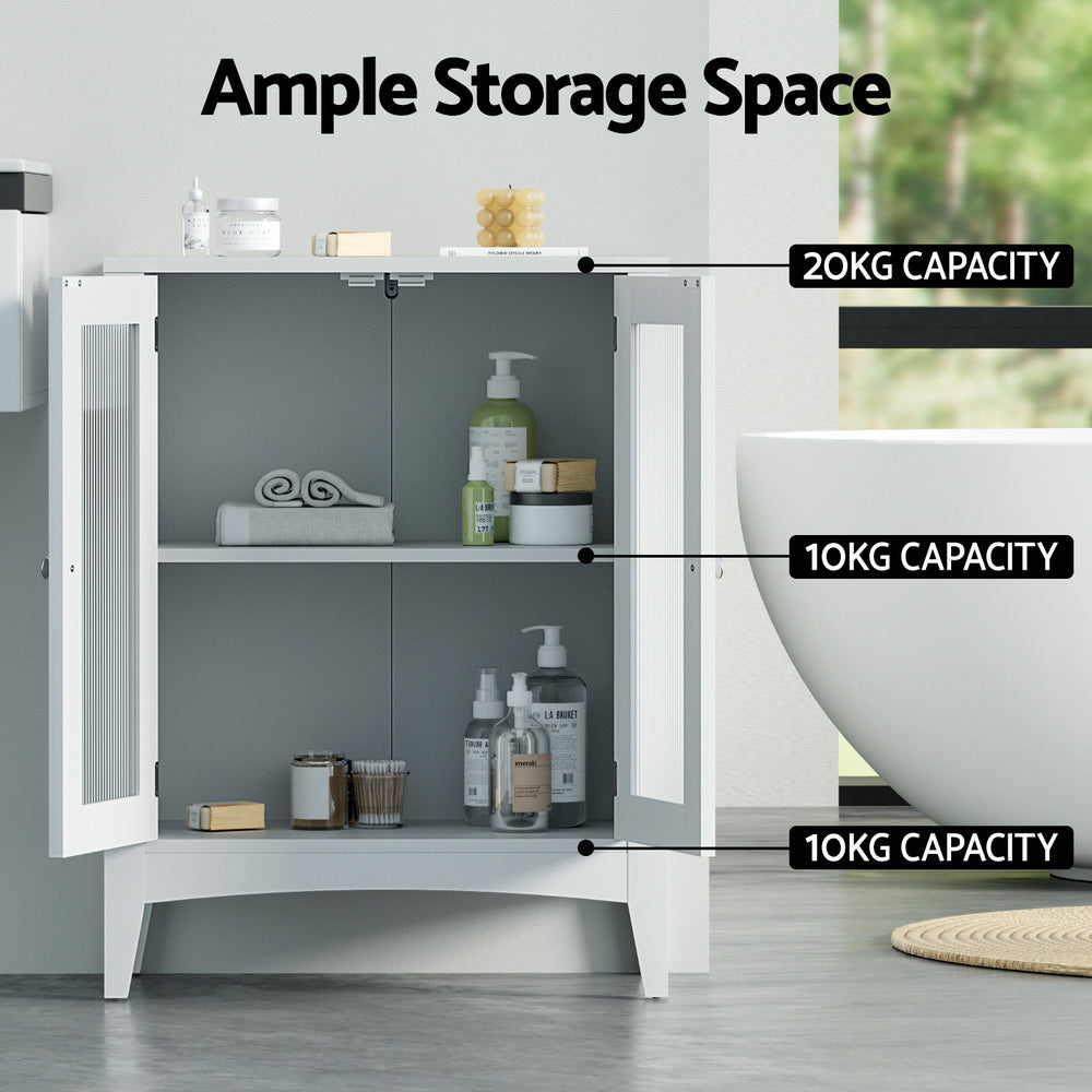 Bathroom Storage Cabinet 80cm Buffet Sideboard Floor Cupboard Toilet Glass White with open doors showing ample storage shelves and capacity labels