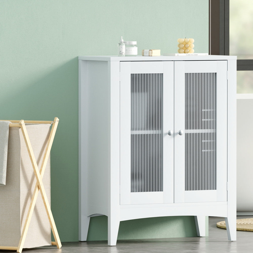 Bathroom Storage Cabinet 80cm Buffet Sideboard Floor Cupboard Toilet Glass White with glass doors in a modern bathroom setting