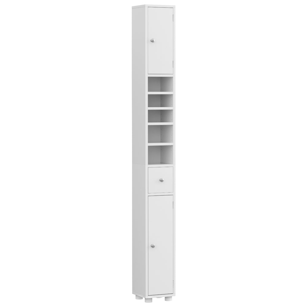 Bathroom Storage Cabinet 180cm Tall Slim Floor Cupboard Toilet Narrow Linen Tower with multiple shelves and closed doors in white finish