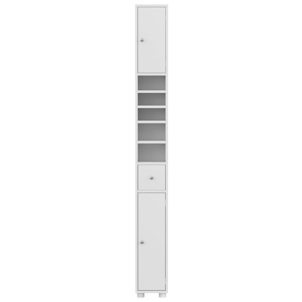 Bathroom Storage Cabinet 180cm Tall Slim Floor Cupboard Toilet Narrow Linen Tower with open shelves and two closed doors in white finish.