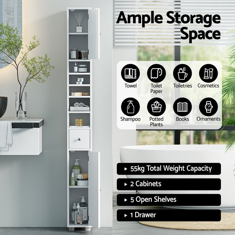 Bathroom Storage Cabinet 180cm Tall Slim Floor Cupboard Toilet Narrow Linen Tower with shelves, drawer, and multiple storage compartments.