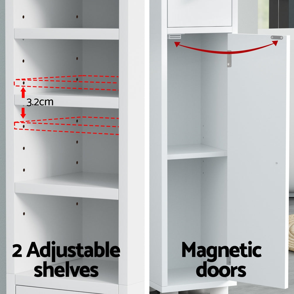 Bathroom Storage Cabinet 180cm Tall Slim Floor Cupboard Toilet Narrow Linen Tower with adjustable shelves and magnetic doors in white finish
