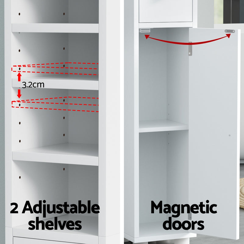Bathroom Storage Cabinet 180cm Tall Slim Floor Cupboard Toilet Narrow Linen Tower with adjustable shelves and magnetic doors in white finish