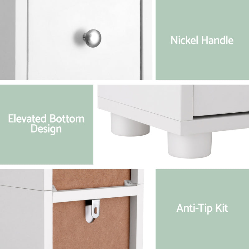 Close-up details of Bathroom Storage Cabinet 180cm Tall Slim Floor Cupboard Toilet Narrow Linen Tower showing nickel handle, elevated bottom, and anti-tip kit
