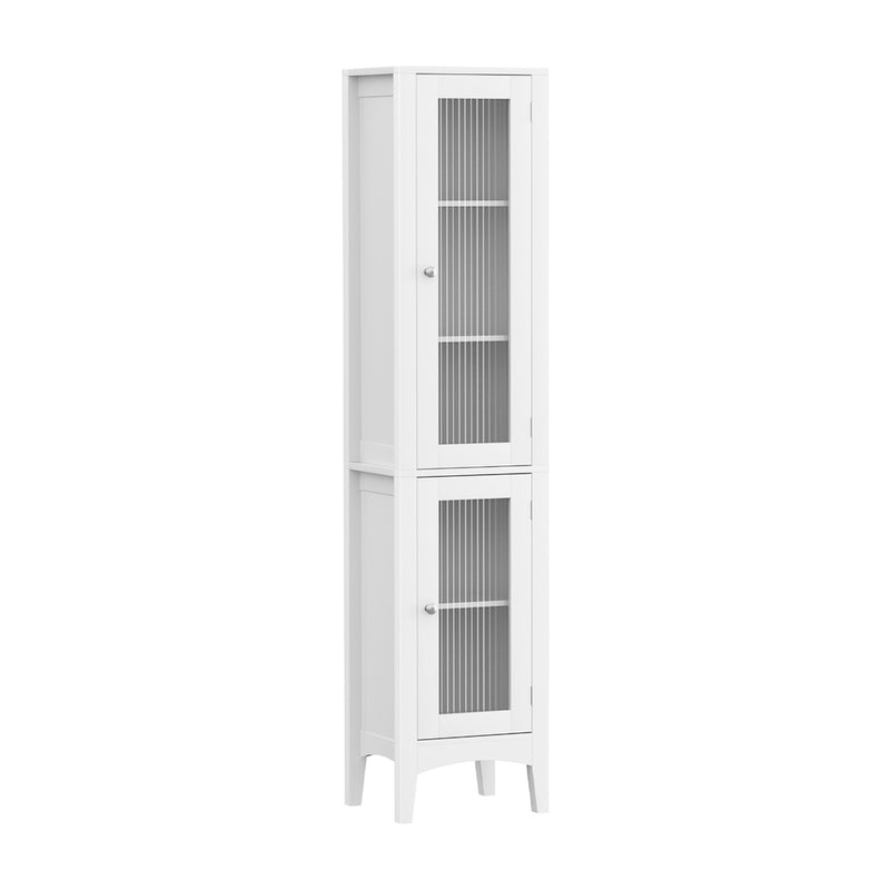 Bathroom Storage Cabinet 160cm Tall Slim Floor Cupboard Toilet Glass Door White with vertical glass panels and two shelves inside