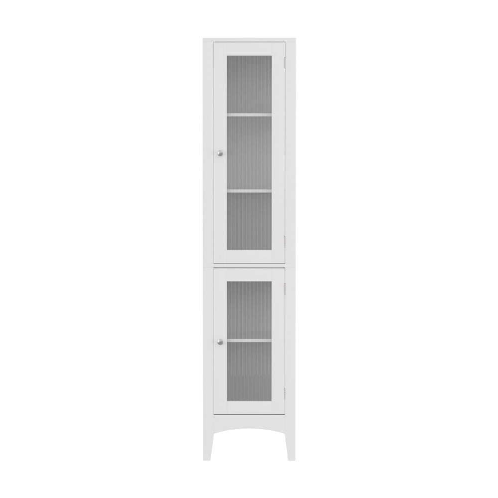 Bathroom Storage Cabinet 160cm Tall Slim Floor Cupboard Toilet Glass Door White with two glass panel doors and internal shelving