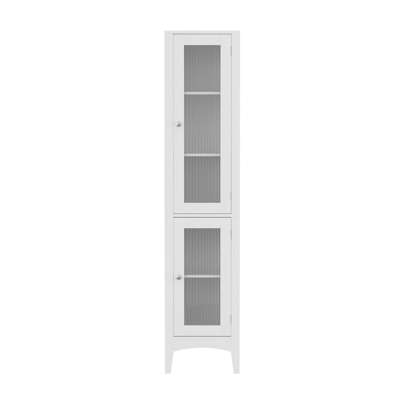 Bathroom Storage Cabinet 160cm Tall Slim Floor Cupboard Toilet Glass Door White with two glass panel doors and internal shelving