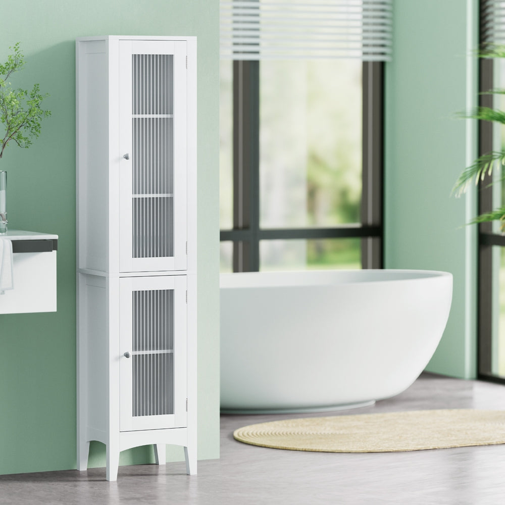 Bathroom Storage Cabinet 160cm Tall Slim Floor Cupboard Toilet Glass Door White with vertical glass panels in modern bathroom setting