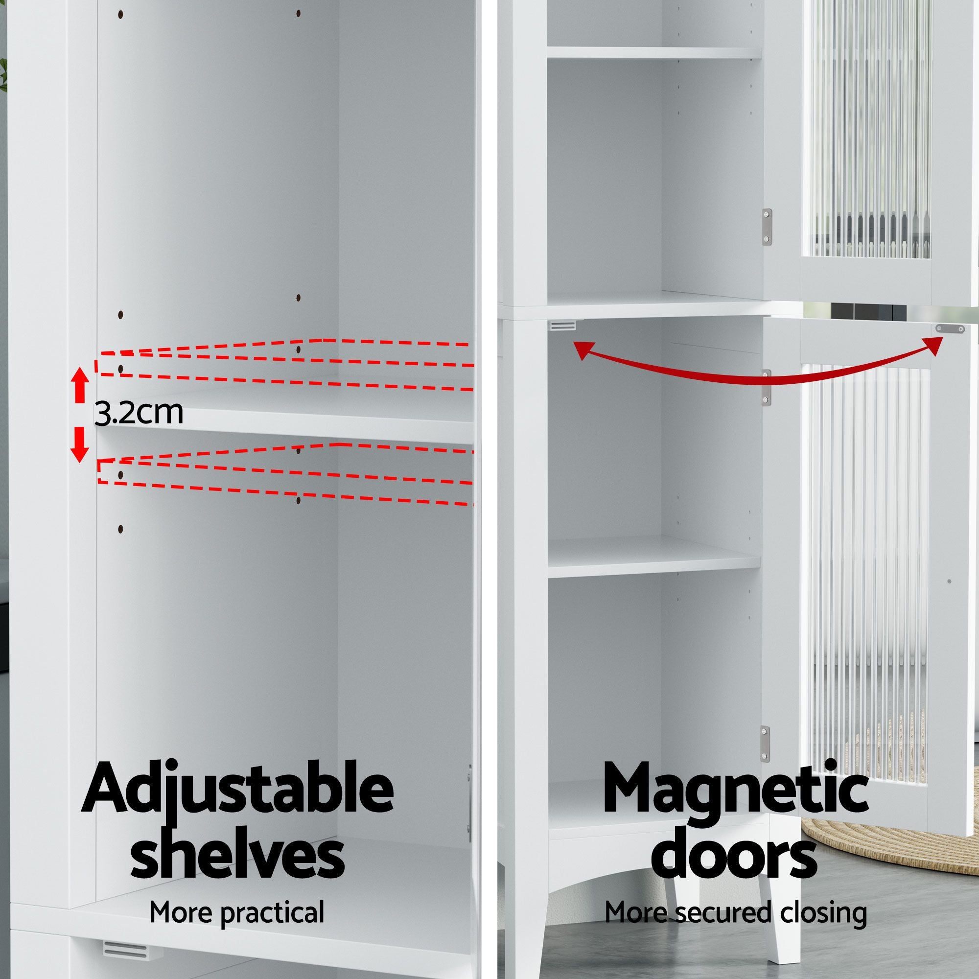 2X Slim Tall Bathroom Storage Cabinets 160cm with Glass Doors - White