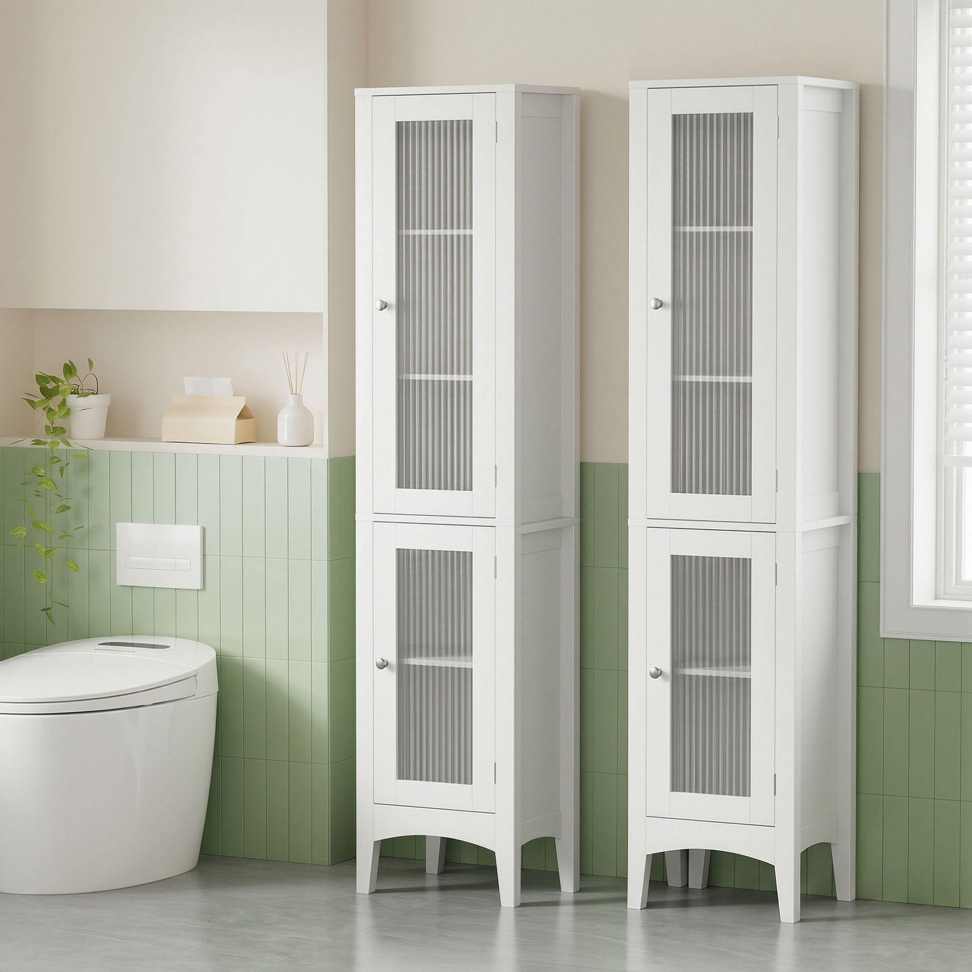 2X Slim Tall Bathroom Storage Cabinets 160cm with Glass Doors - White