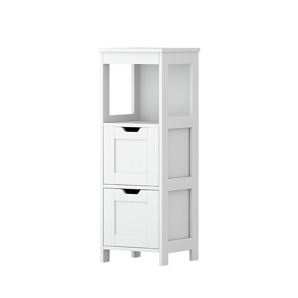 Bathroom Storage Cabinet 89cm Floor Toilet Drawer Bedroom Organizer Standing White with two drawers and open shelf in a slim design