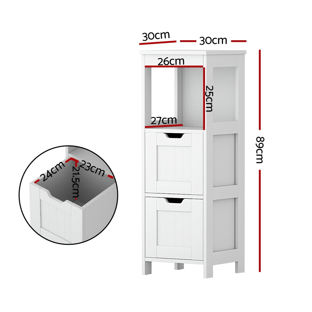 Bathroom Storage Cabinet 89cm Floor Toilet Drawer Bedroom Organizer Standing White with two drawers and open shelf, shown with dimensions.