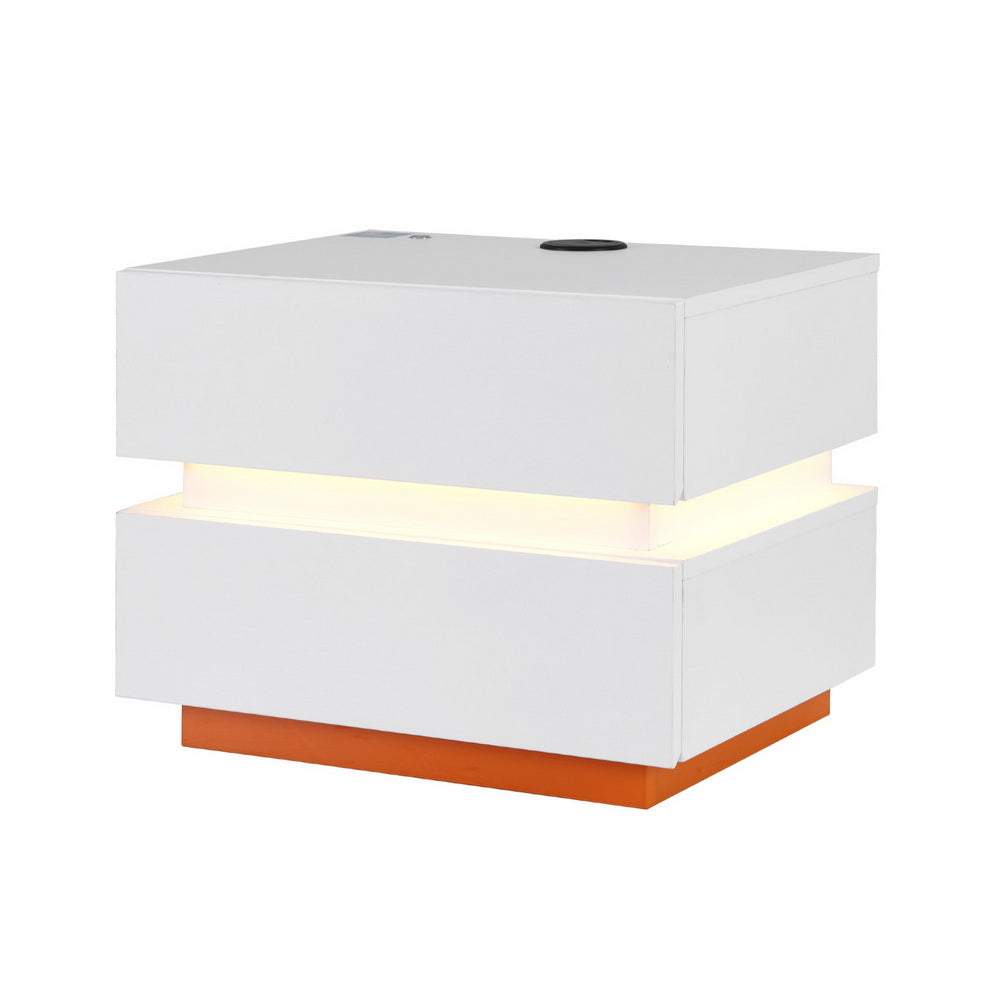 Smart LED Bedside Table with Wireless Charging & Storage Drawers - White with warm LED light and orange base