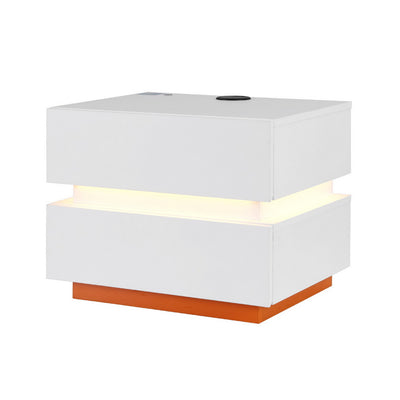 Smart LED Bedside Table with Wireless Charging & Storage Drawers - White with warm LED light and orange base
