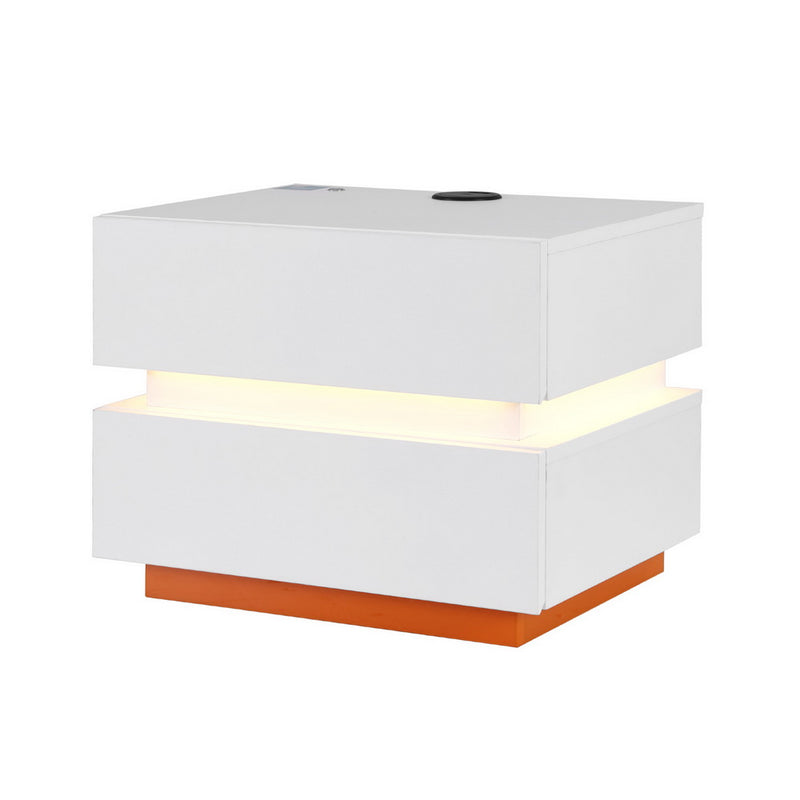 Smart LED Bedside Table with Wireless Charging & Storage Drawers - White with warm LED light and orange base