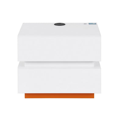 Smart LED Bedside Table with Wireless Charging & Storage Drawers - White with orange base and sleek modern design