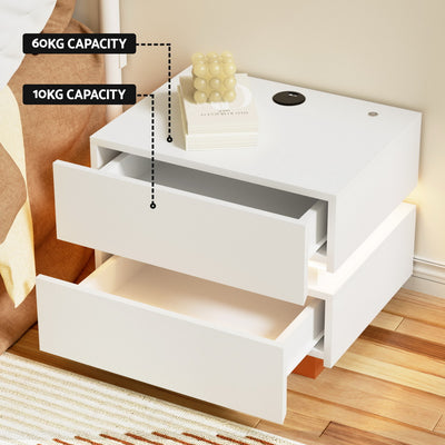 Smart LED Bedside Table with Wireless Charging & Storage Drawers - White, with two open drawers on wooden floor