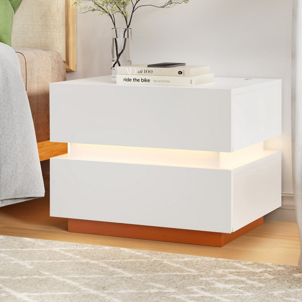 Smart LED Bedside Table with Wireless Charging & Storage Drawers - White with warm LED lighting and modern design in bedroom setting