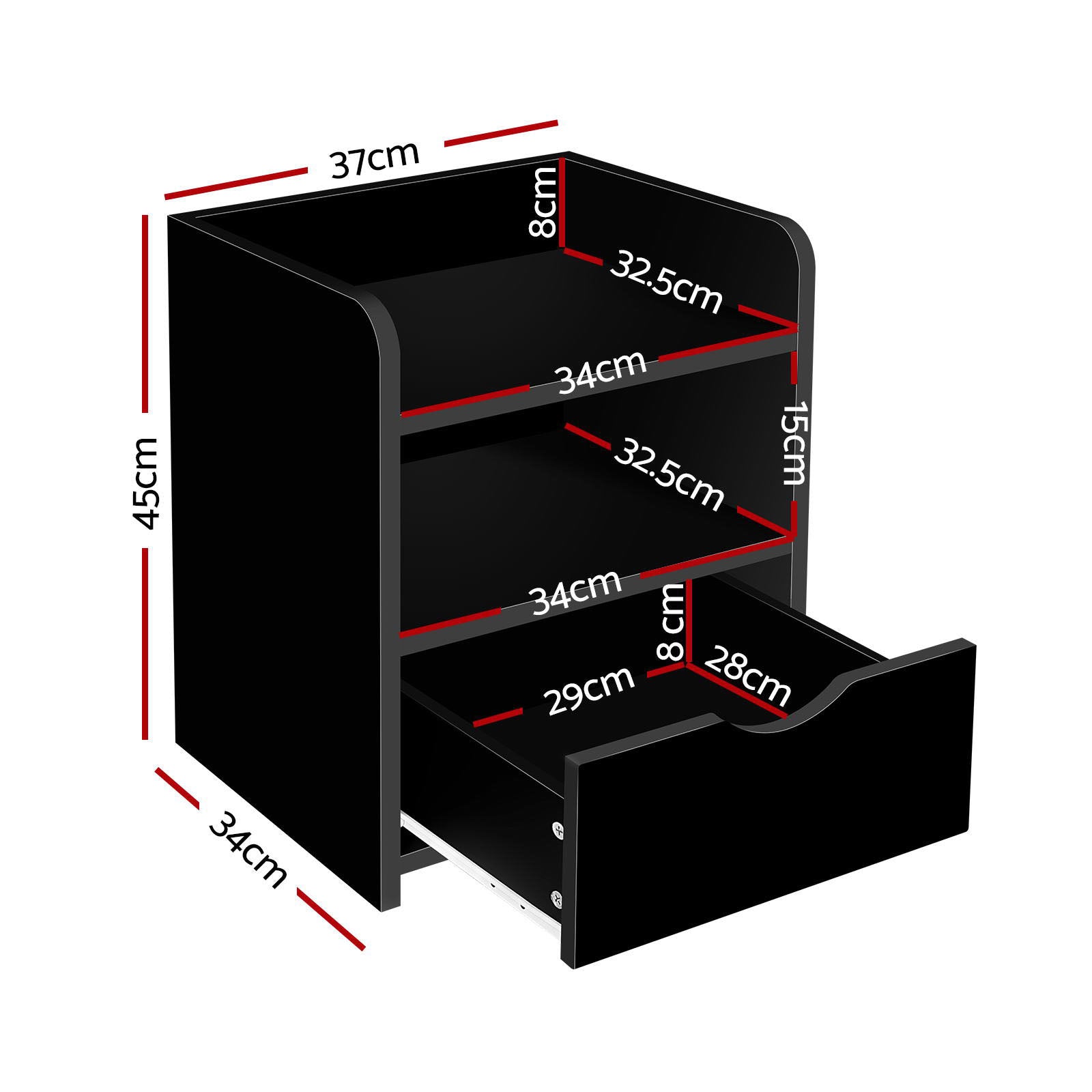 2X Bedside Table 1 Drawer with Shelf - FARA Black
