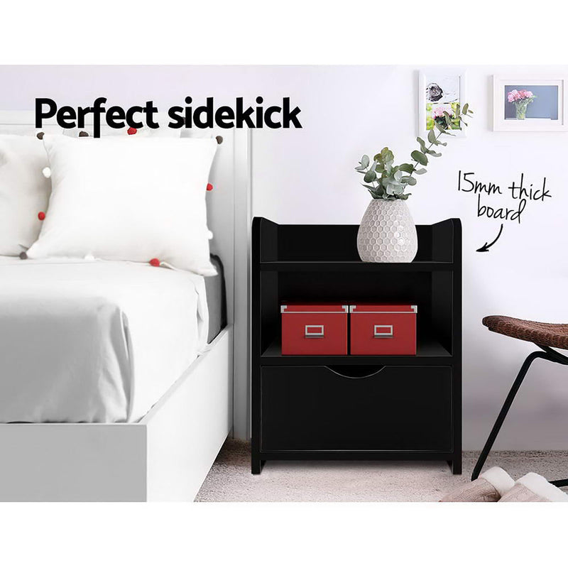 2X Bedside Table 1 Drawer with Shelf - FARA Black, twin pack, black bedside table with drawer, shelf, and decorative vase on top