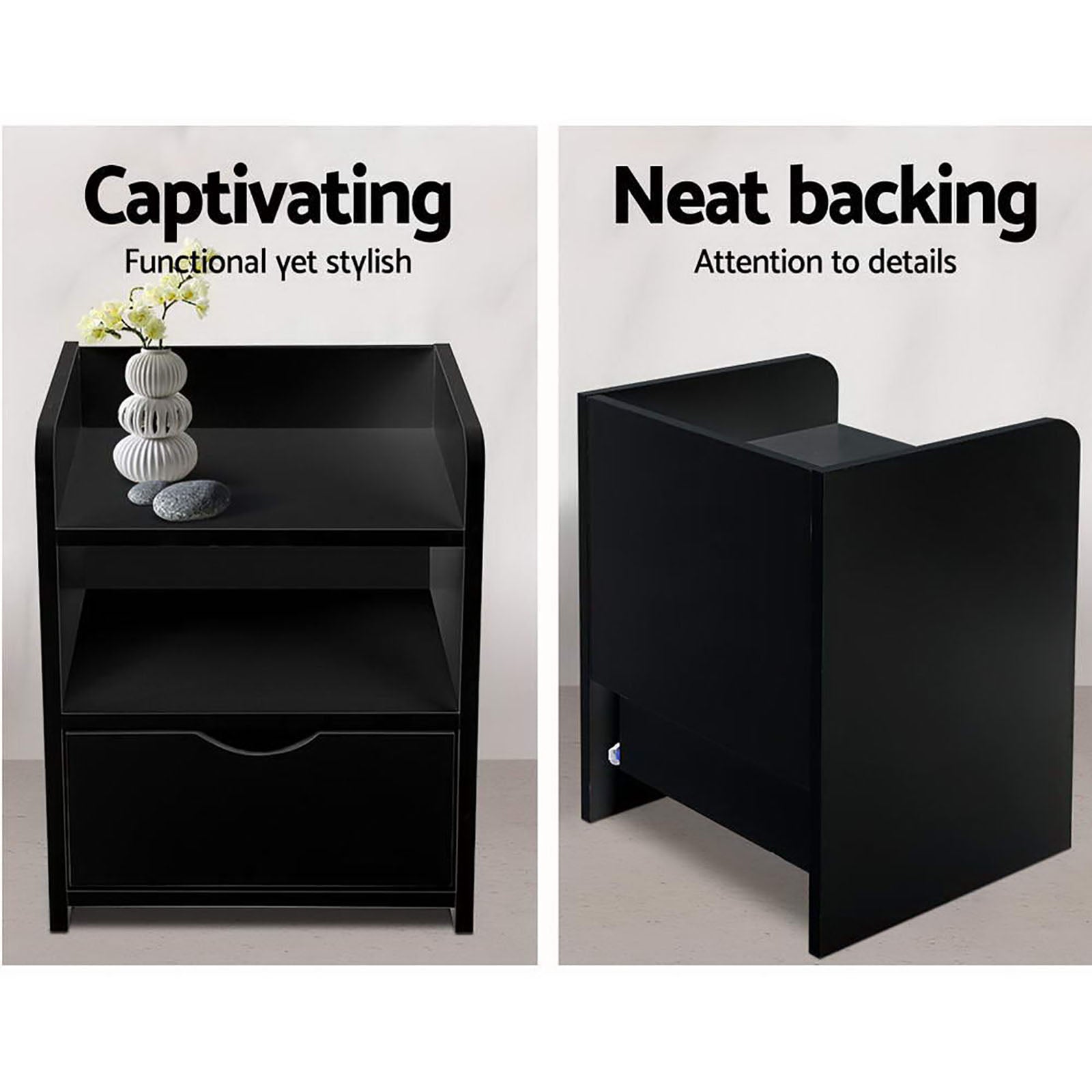 2X Bedside Table 1 Drawer with Shelf - FARA Black in twin pack, showing front storage and neat backing design