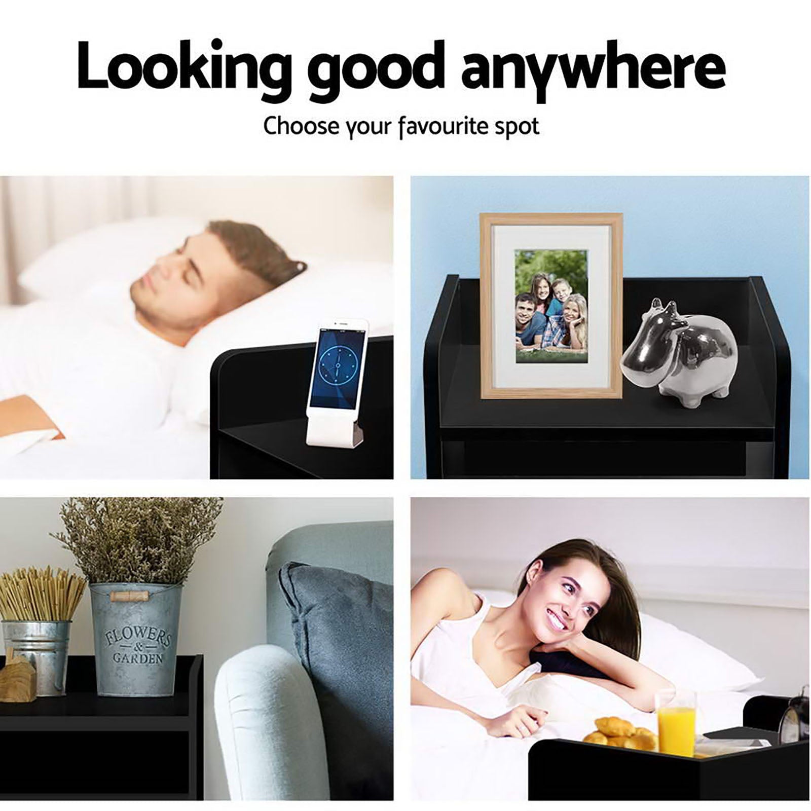 2X Bedside Table 1 Drawer with Shelf - FARA Black shown in lifestyle settings with various bedroom essentials