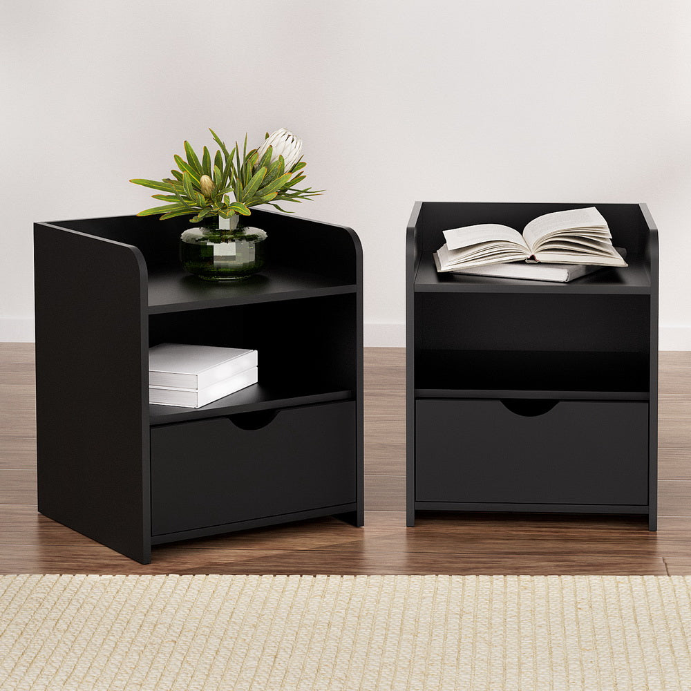 2X Bedside Table 1 Drawer with Shelf - FARA Black twin pack bedside tables with drawer and open shelf in black bedroom furniture