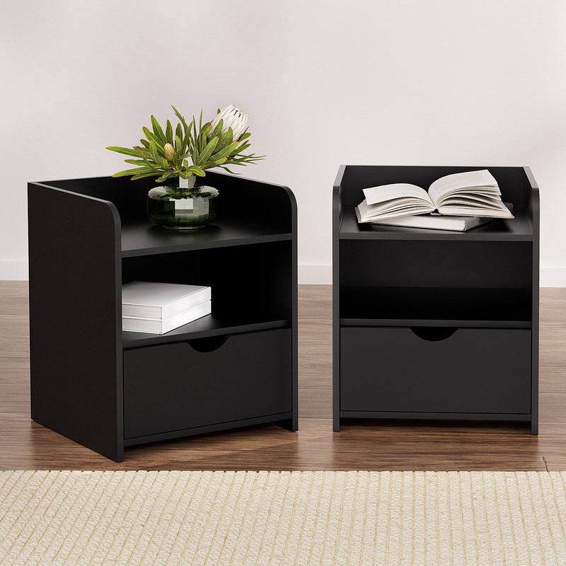 2X Bedside Table 1 Drawer with Shelf - FARA Black twin pack bedside tables with drawer and open shelf in black bedroom furniture