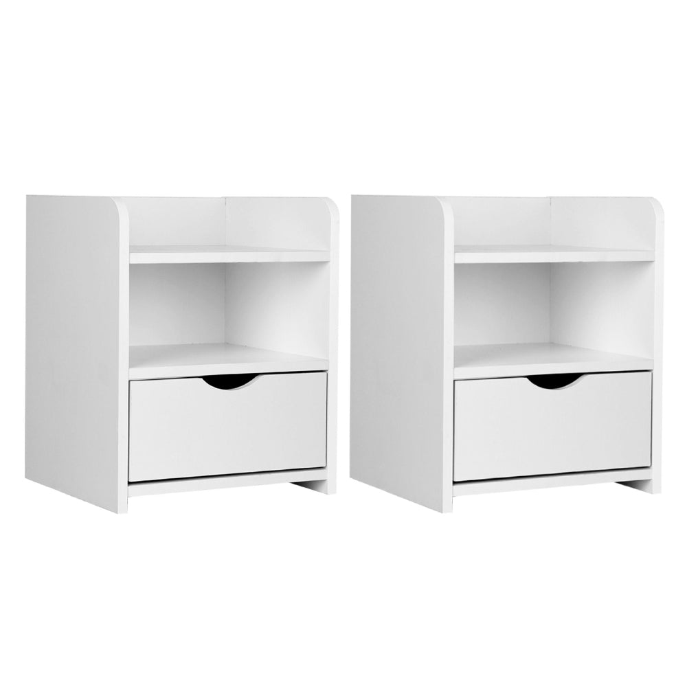 2X Bedside Table 1 Drawer with Shelf - FARA White twin pack bedside tables with drawer and open shelf in white finish