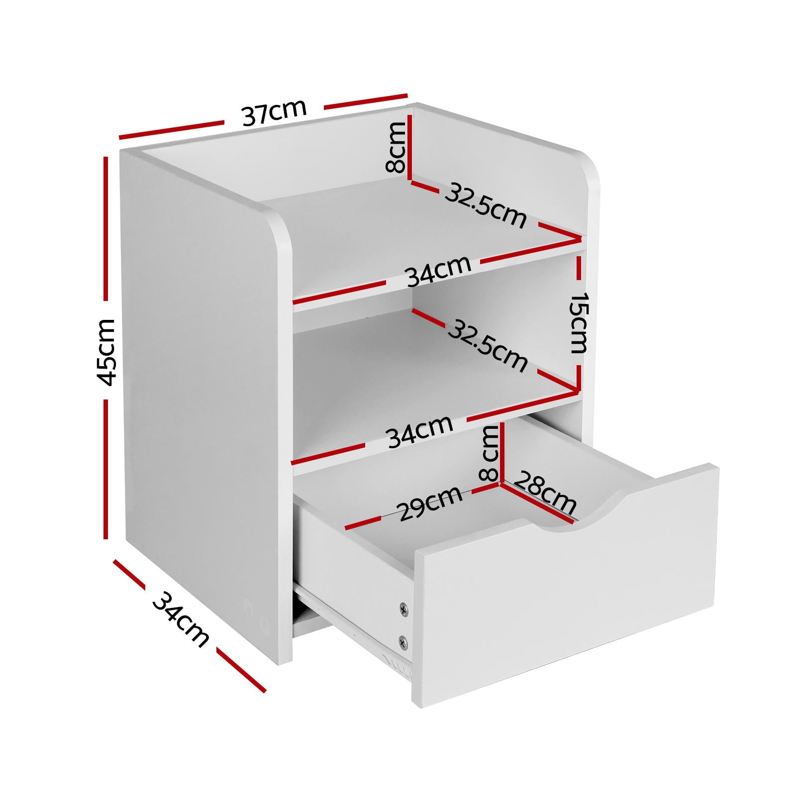 2X Bedside Table 1 Drawer with Shelf - FARA White showing dimensions of drawer, shelf, and overall structure in white finish