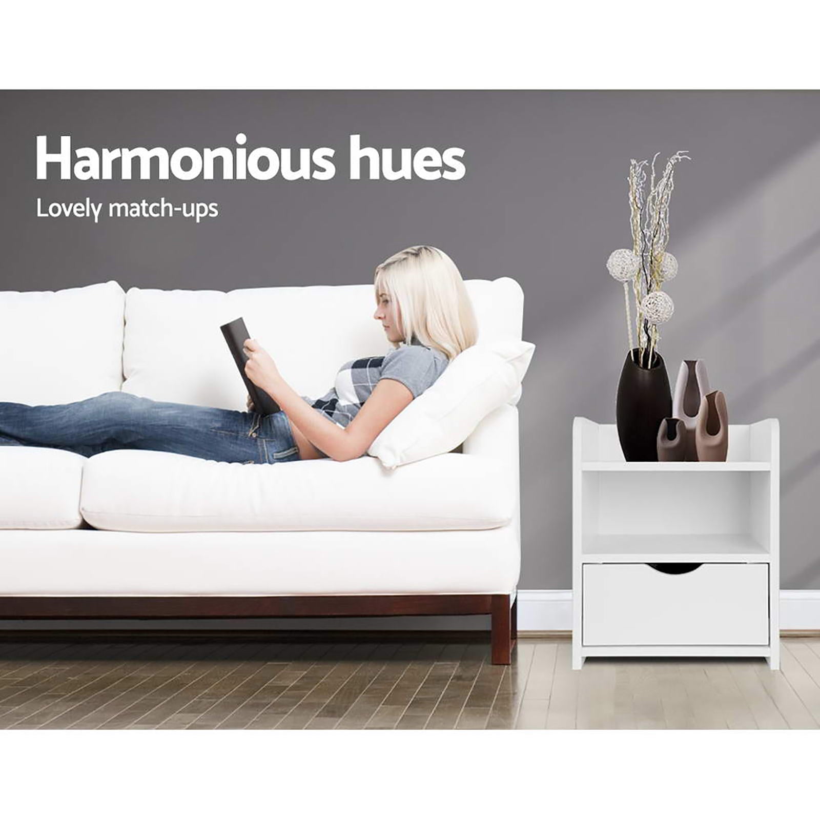 2X Bedside Table 1 Drawer with Shelf - FARA White