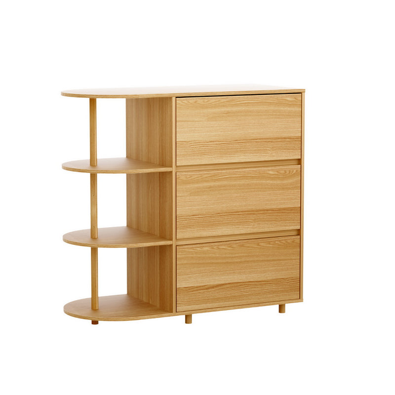 3-Drawer Storage Cabinet with 3 Shelves – Pine in light wood finish, featuring open shelving and spacious drawers for bedroom furniture organization