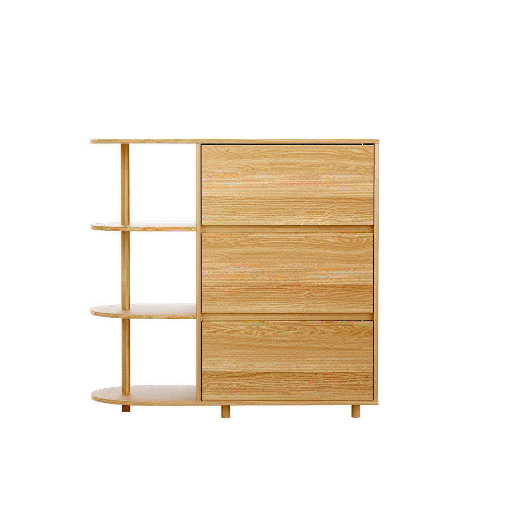 3-Drawer Storage Cabinet with 3 Shelves – Pine, featuring open shelving and spacious drawers in natural wood finish on white background