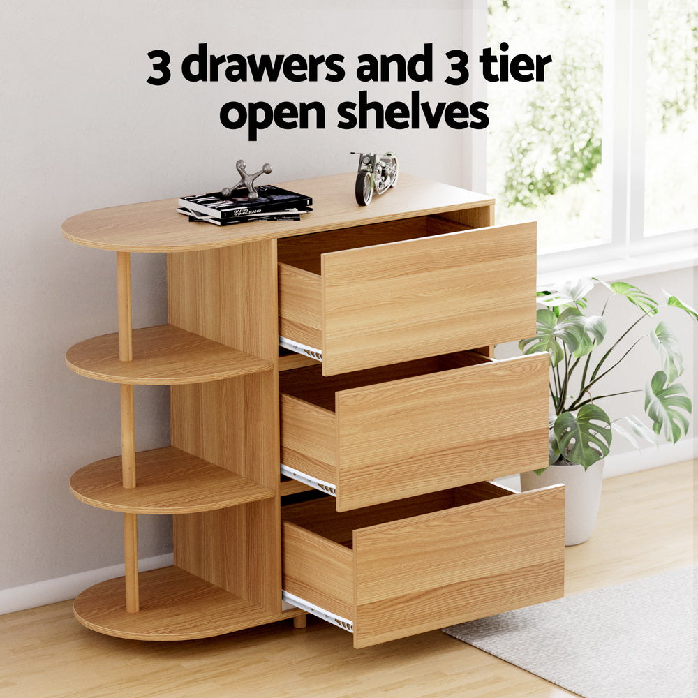3-Drawer Storage Cabinet with 3 Shelves – Pine with open drawers and curved tiered shelves in a bright room setting