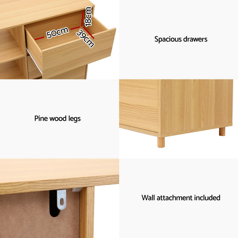 3-Drawer Storage Cabinet with 3 Shelves – Pine showing spacious drawers, pine wood legs, and wall attachment detail