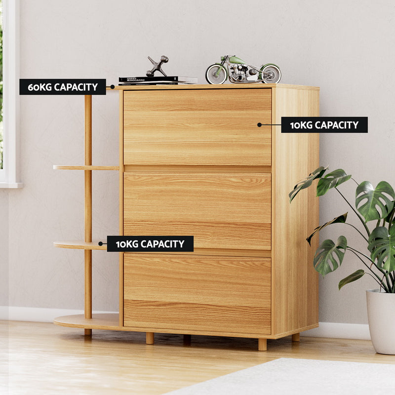 3-Drawer Storage Cabinet with 3 Shelves – Pine with wood finish, open shelves, and three spacious drawers in bedroom setting
