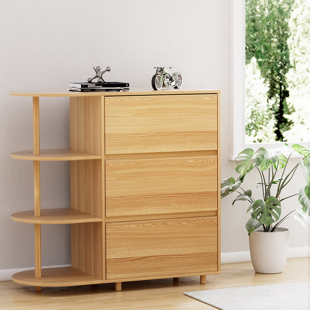 3-Drawer Storage Cabinet with 3 Shelves – Pine wood finish bedroom furniture with open curved shelves and flat top surface