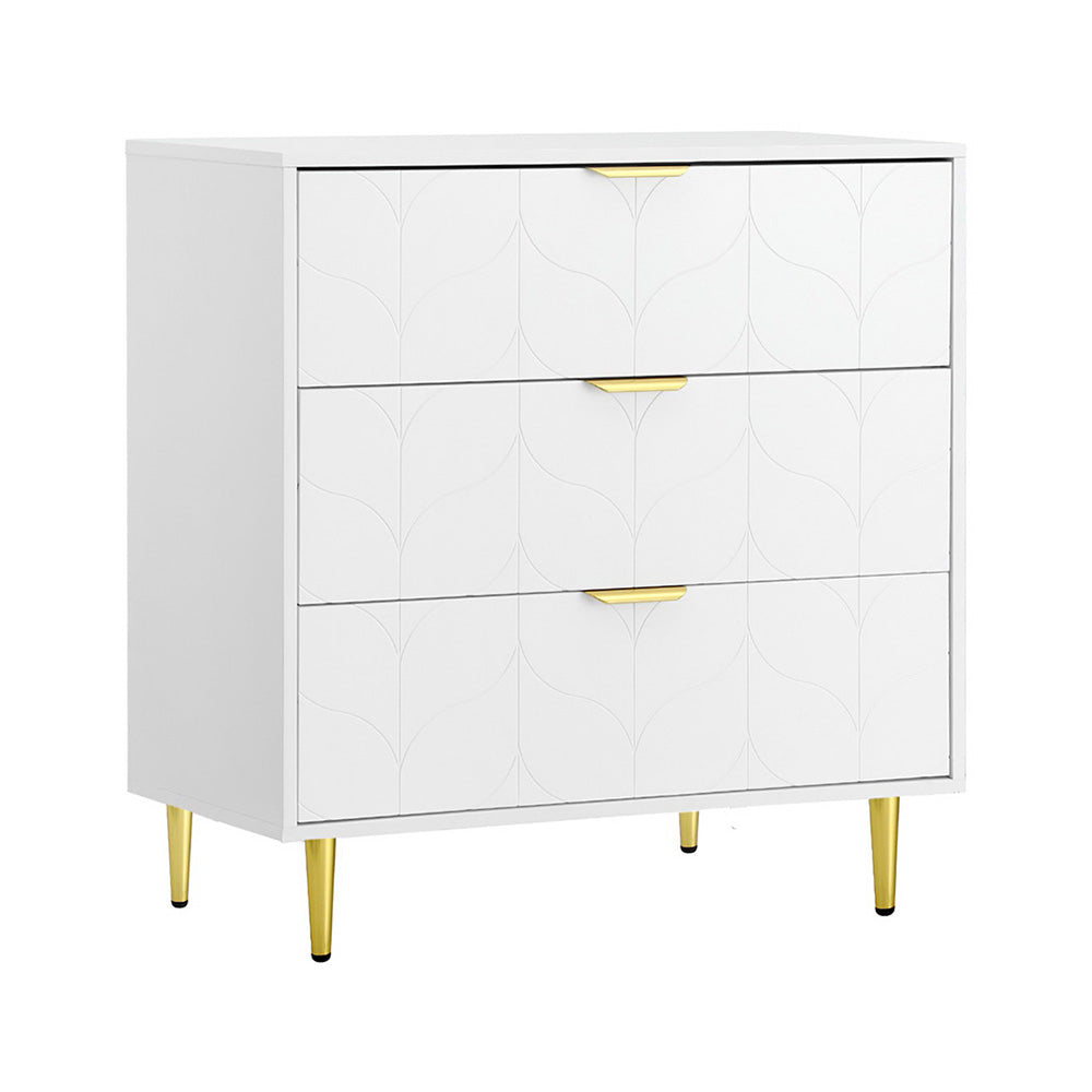 White 3-Drawer Chest of Drawers – Carved Pattern Tallboy with gold handles and legs, perfect bedroom furniture by Bedzy.