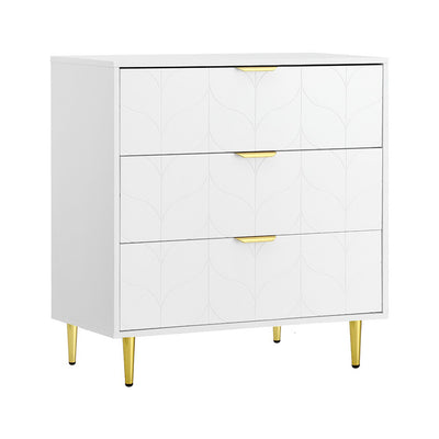 White 3-Drawer Chest of Drawers – Carved Pattern Tallboy with gold handles and legs, perfect bedroom furniture by Bedzy.