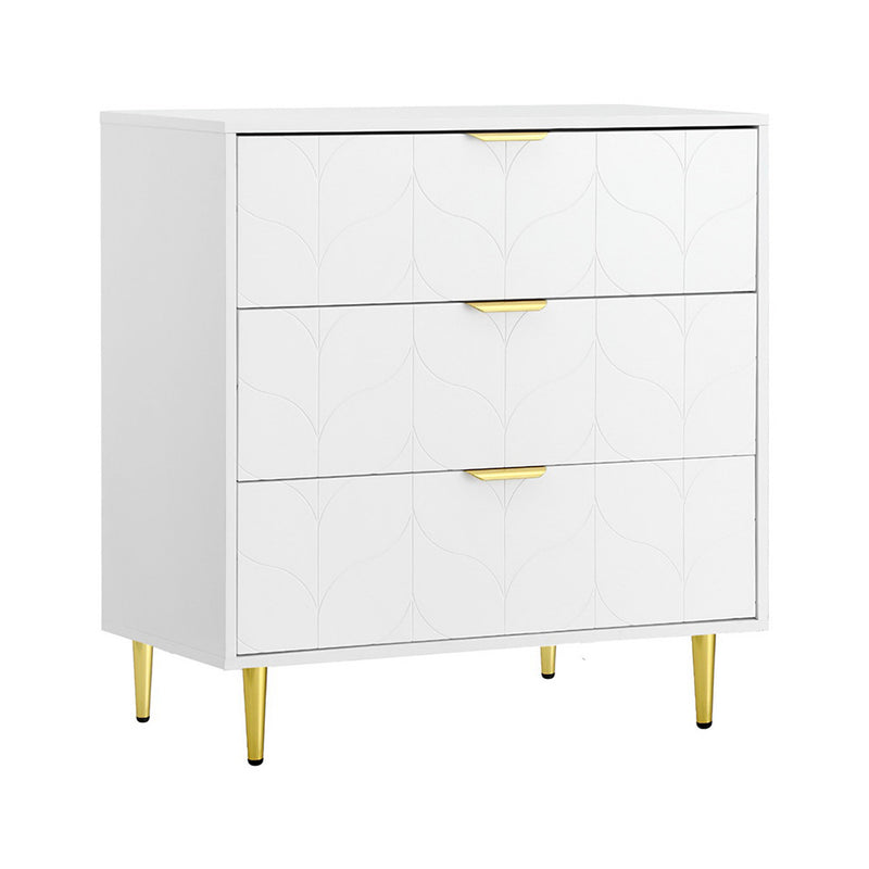 White 3-Drawer Chest of Drawers – Carved Pattern Tallboy with gold handles and legs, perfect bedroom furniture by Bedzy.