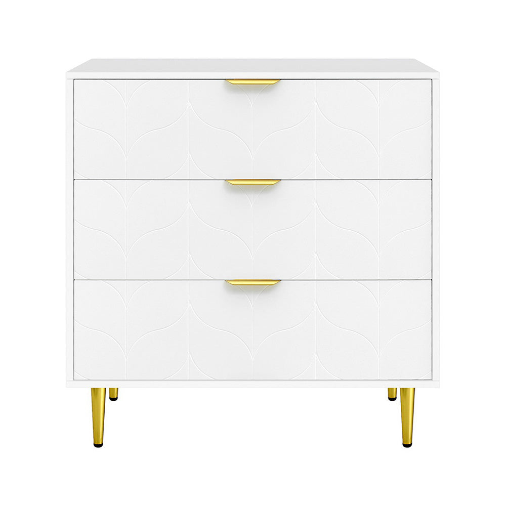 White 3-Drawer Chest of Drawers – Carved Pattern Tallboy with gold handles and legs, featuring a textured carved design on drawer fronts