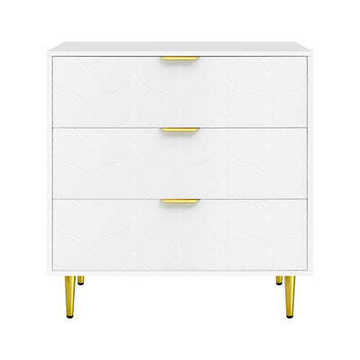 White 3-Drawer Chest of Drawers – Carved Pattern Tallboy with gold handles and legs, featuring a textured carved design on drawer fronts