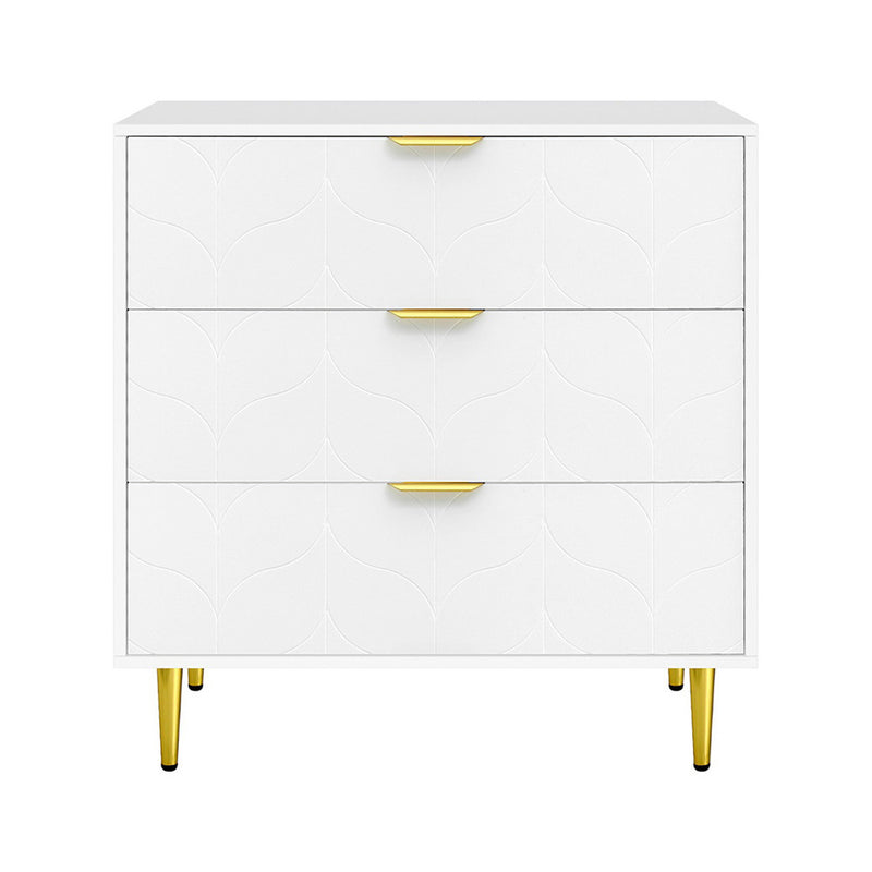 White 3-Drawer Chest of Drawers – Carved Pattern Tallboy with gold handles and legs, featuring a textured carved design on drawer fronts