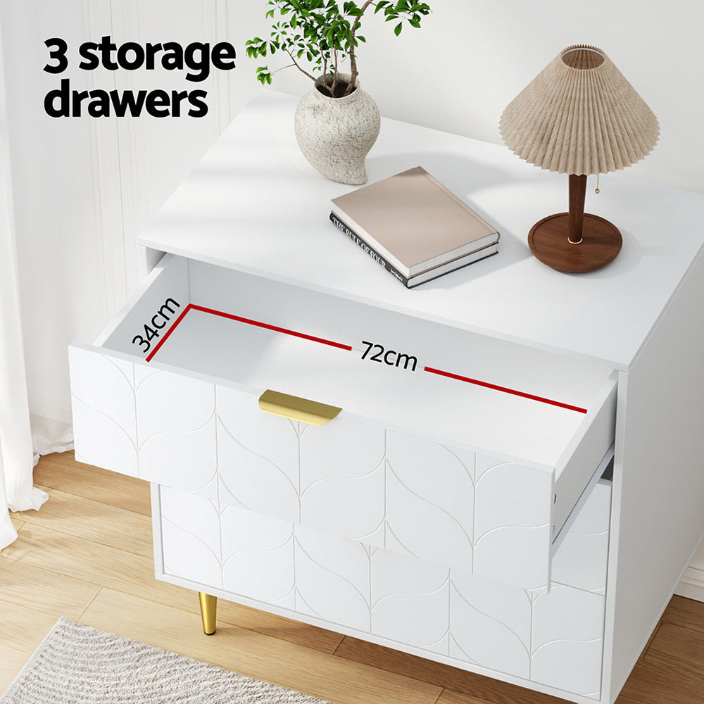 White 3-Drawer Chest of Drawers – Carved Pattern Tallboy