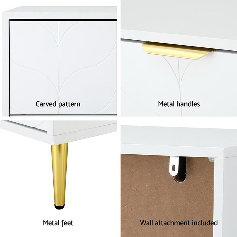 Close-up details of White 3-Drawer Chest of Drawers – Carved Pattern Tallboy showing carved design, metal handles, feet, and wall attachment