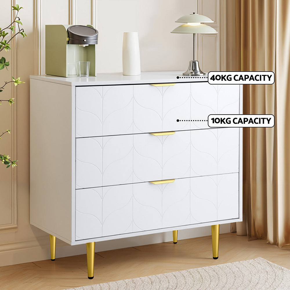 White 3-Drawer Chest of Drawers – Carved Pattern Tallboy